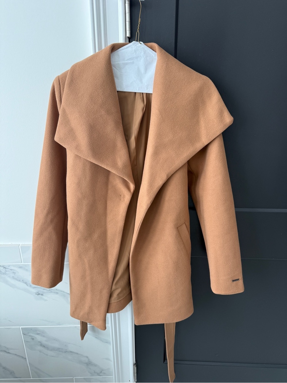 Tahari Camel Wrap Trench Coat with Draped Shawl Collar